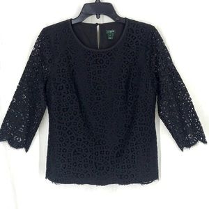 J Crew blouse black 3/4 sleeve top, lace, fully lined bodice, scalloped, size 8